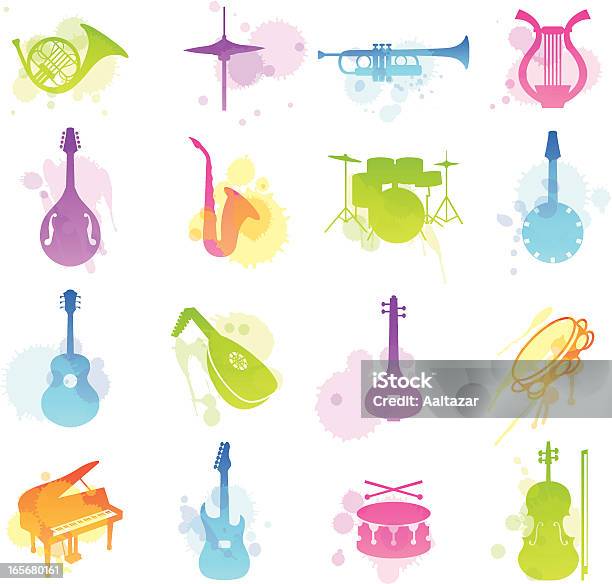 Multicolored Stains Icons Of Various Musical Instruments Stock Illustration - Download Image Now