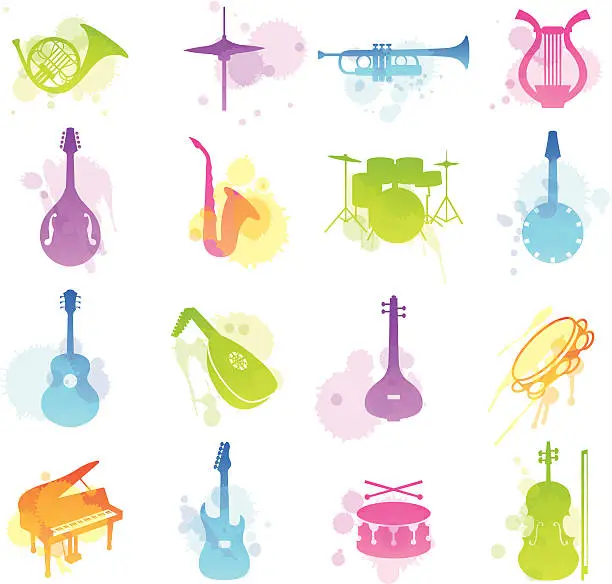 Vector illustration of Multicolored stains icons of various musical instruments