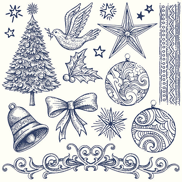 Christmas Design Elements Various hand drawn Christmas design elements. Global colors used. Hi res jpeg included. Please see more works of mine linked below.  vintage ornaments stock illustrations