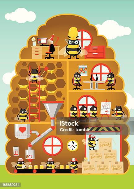 Zajęty Bee Honey Fabryki - Stockowe grafiki wektorowe i więcej obrazów Pszczoła - Pszczoła, Fabryka, Miód