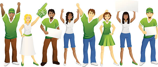 Crowd of Green Fans Highly detailed illustration of fans cheering. This file is easy to edit! The green team colors are built using global colors so you can easily edit to make your own team colors. CS2 & high res JPEG included. Please see my lightboxes & portfolio for other sports fan illustrations! pep rally stock illustrations