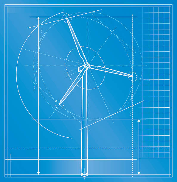 illustrazioni stock, clip art, cartoni animati e icone di tendenza di turbina a vento cianografia - pale eoliche