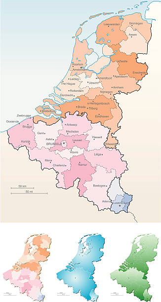 Benelux "Detailed map of Benelux, in four versions, with regions and main cities. Elements are in 8 layers and global colors are used for easy editing." benelux stock illustrations