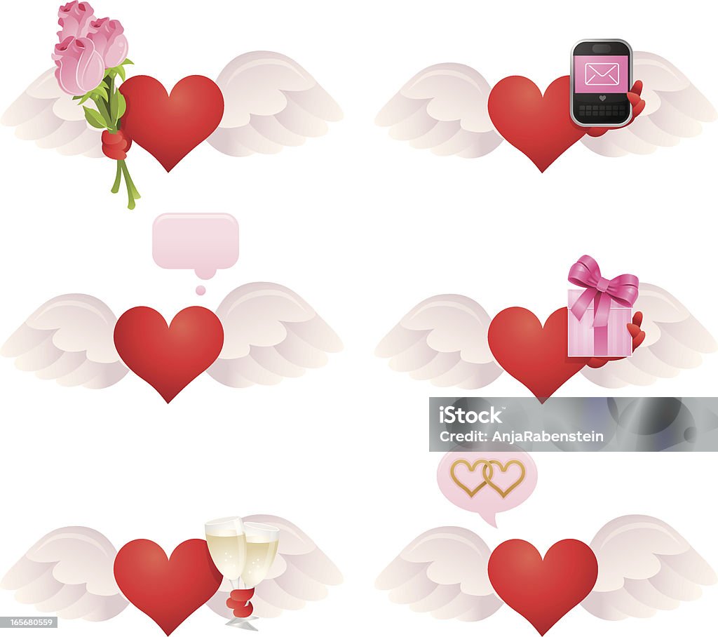 Flying Saint Valentin coeur Ensemble d'icônes avec Roses et cadeau - clipart vectoriel de Amour libre de droits