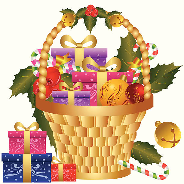 ilustraciones, imágenes clip art, dibujos animados e iconos de stock de cesta de regalos de navidad. - cesta de navidad