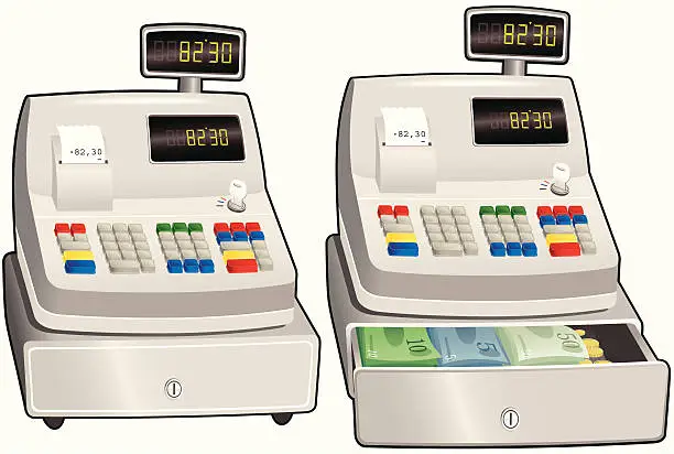 Vector illustration of Cash register till with closed and open drawers