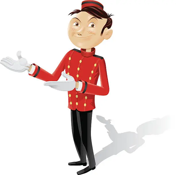 Vector illustration of Funny bellboy doing come in gesture - isolated full picture