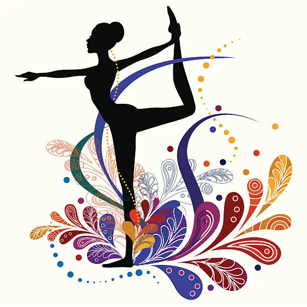 Vector illustration of Silhouette of yoga bow pose with vector floral design