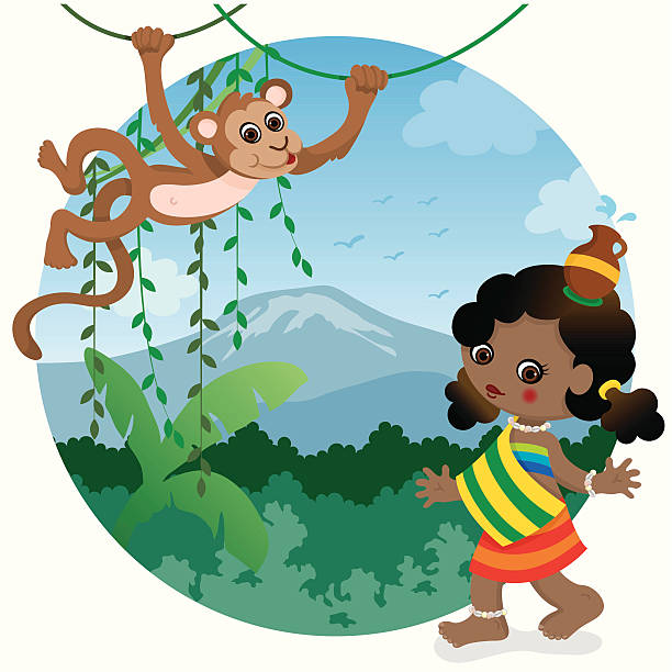 African girl and monkey vector art illustration