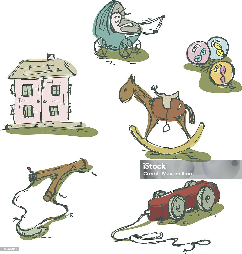 Old Fashioned Children's Toys. Six old fashioned children's toys, hand drawn to resemble watercolour painting.  Isolated on white.  Each on seperate layers. Old-fashioned stock vector