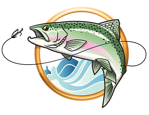 Leaping Rainbow Trout Icon vector illustration of a leaping rainbow trout going after the bait. high detail, using gradients, fully editable vector file.  trout illustrations stock illustrations