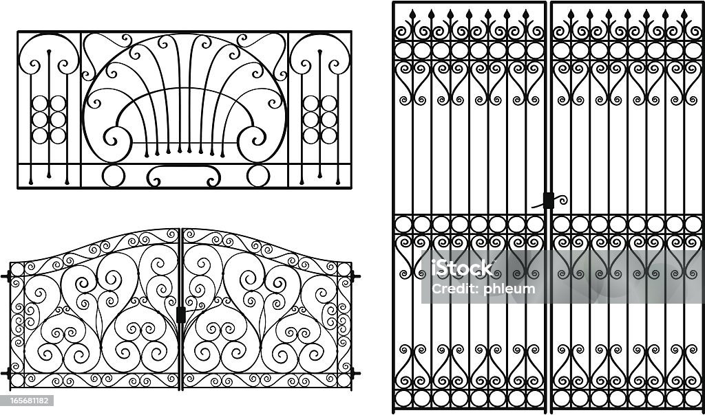 Wrought Iron Gates Two pairs of wrought iron gates and a wrought iron fence or railing section. Vector illustrations. Wrought Iron stock vector