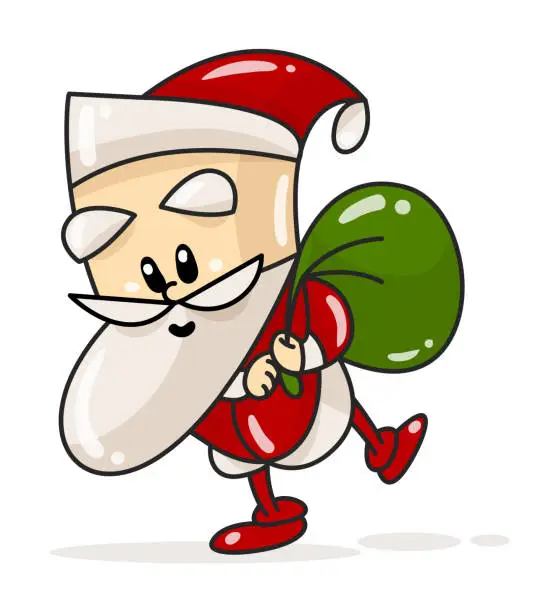 Vector illustration of Funny Santa Claus Cartoon Character with big green Sack. Vector