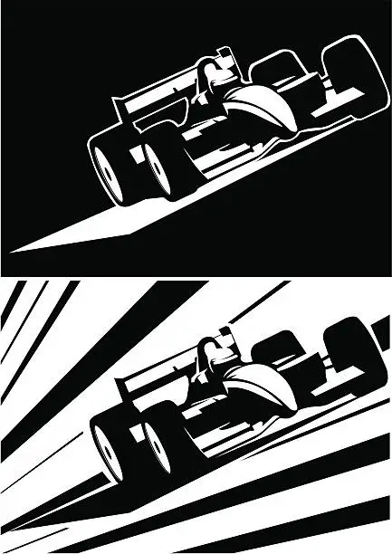 Vector illustration of Two black and white open-wheel single-seater racing car cars running