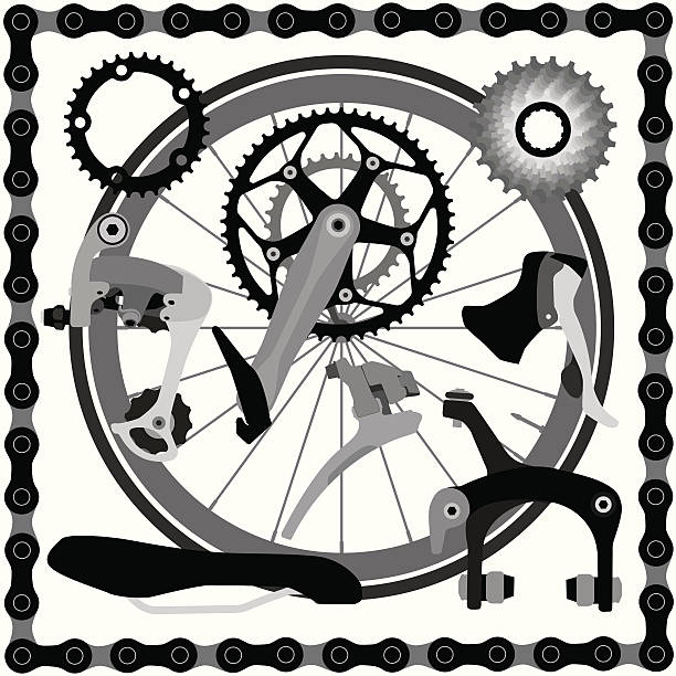 ilustrações de stock, clip art, desenhos animados e ícones de bicicleta de estrada partes - bicycle chain bicycle tire black and white