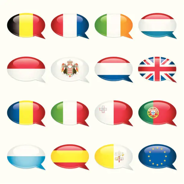 Vector illustration of Western and Southern Europe Speech Bubble Flags