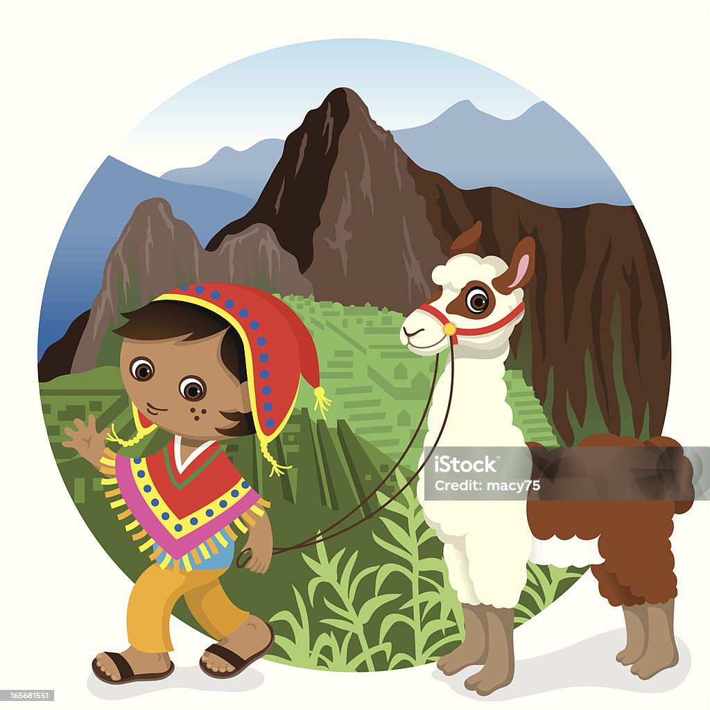 Мачу-Пикчу в Перу мальчик и Лама-животное - Векторная графика Перу роялти-фри