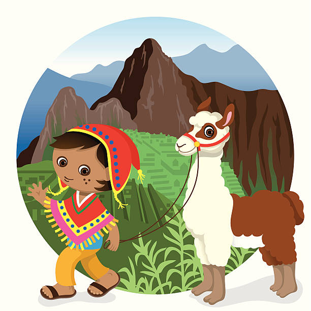 Peru Machu Picchu boy and llama vector art illustration