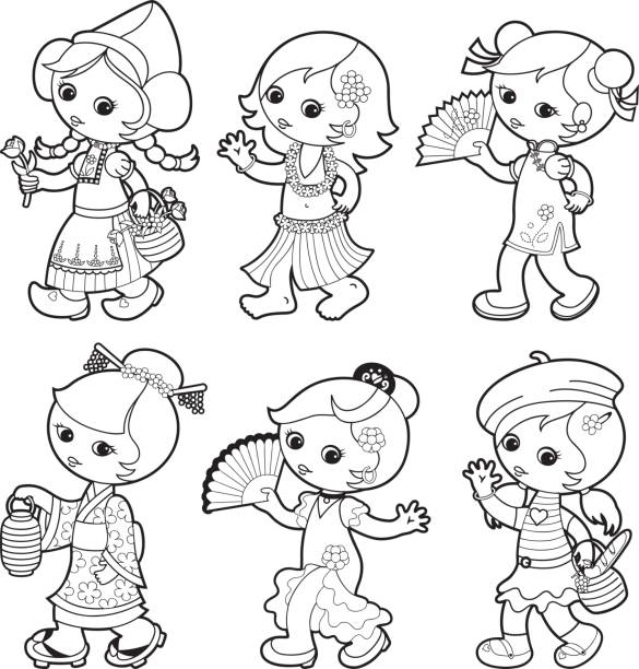 Traditional kids world Girls coloring set Cute girls wearing traditional clothing, They are: Dutch girl picking flowers, Hawaiian hula dancer, Chinese girl wearing cheongsam, Japanese girl wearing kimono, Flamenco dancer from Spain and French girl. black and white anime girl stock illustrations