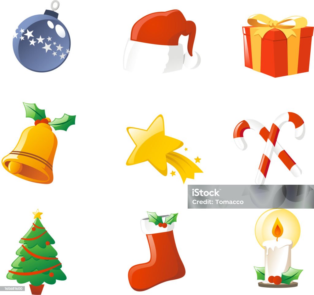 Christmas Icon Elements Set Christmas Icon Elements Set. With, Christmas Tree Ball Decoration, Santa's Hat, Christmas present, Christmas bell, Christmas shooting star, Candy cane, Christmas Tree, Christmas Boot, Christmas Candle. Vector Illustration cartoon.  Bell stock vector