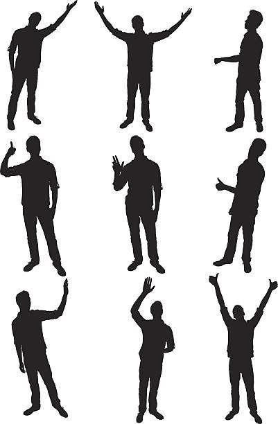 ilustrações, clipart, desenhos animados e ícones de pessoas em diferentes posições - waving success hand raised silhouette