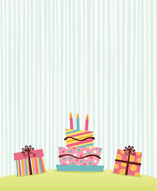Simple retro graphic of presents and birthday cake vector art illustration