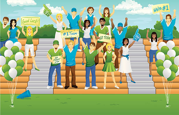 Game Day Fans Highly detailed illustration of fans cheering at a stadium. This file is easy to edit! Sports fans & background are on their own layers. The team colors are built using global colors so you can easily edit to make your own team colors. pep rally stock illustrations