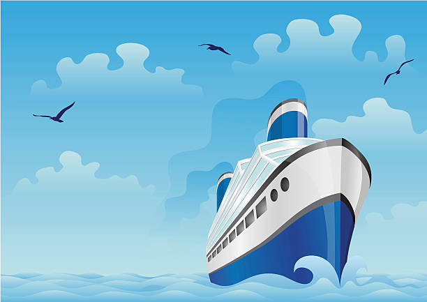 Blue boat in the sea vector art illustration