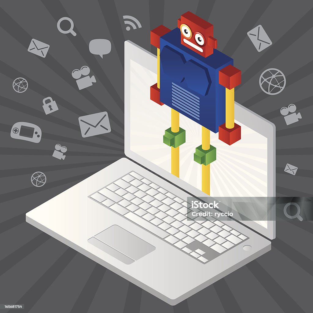 Android Os - Robot system on laptop A laptop with an android inside. The robot wear goggles. Need some isometric characters and elements compatible with this illustration? Check out here. Isometric Projection stock vector