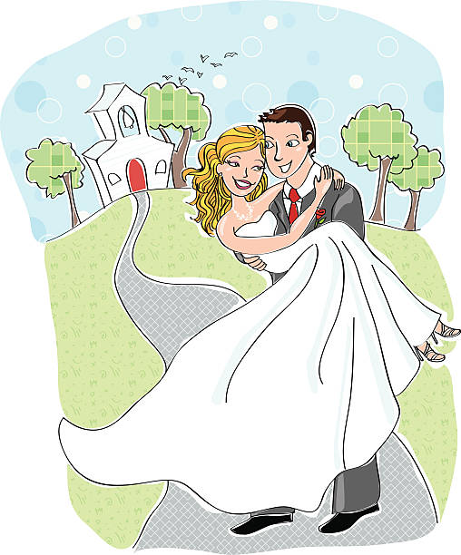 Bride and Groom outside Chapel vector art illustration