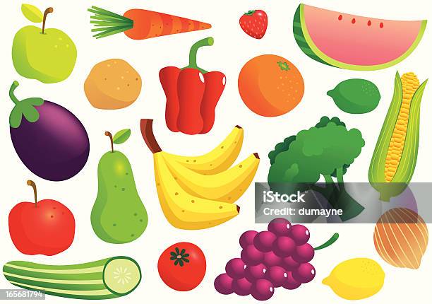 Frutas E Legumes Isolados Vetores - Arte vetorial de stock e mais imagens de Alimentação Saudável - Alimentação Saudável, Alimento Básico, Banana - Fruto tropical