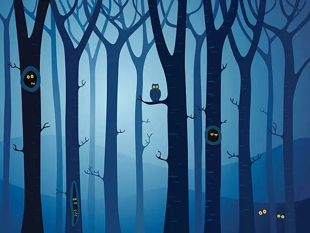 Vector illustration of Mysterious forest with animals hiding between the trees at night