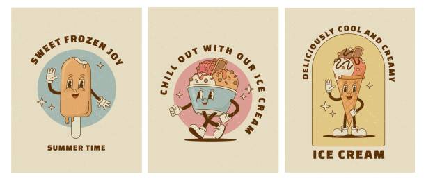 Set of vintage cartoon Ice cream characters posters. Vector illustration. Funny dessert mascot in retro style for cafe. Nostalgia 60s, 70s, 80s