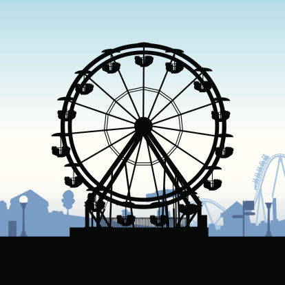 A cartoon silhouette of a ferris wheel at an amusement park.