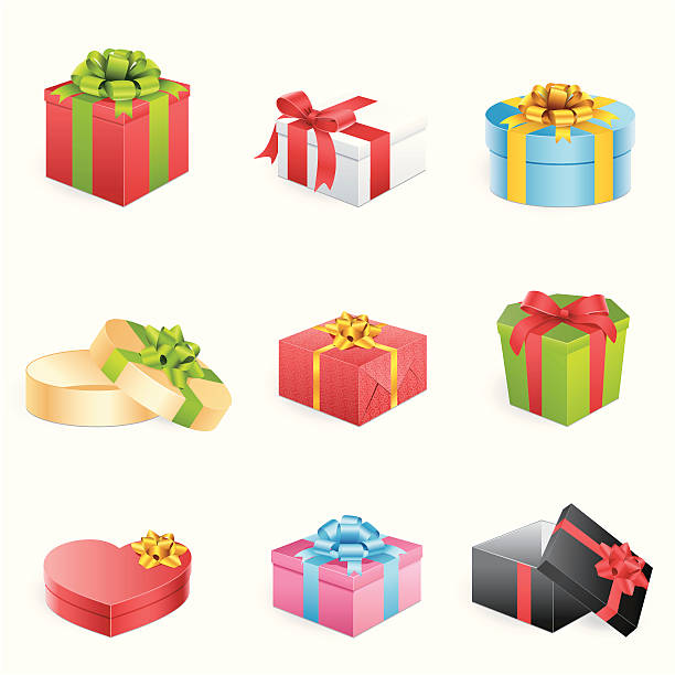 multicolored pudełkami i kokardkami oraz taśmy - white background gift christmas wrapping paper stock illustrations