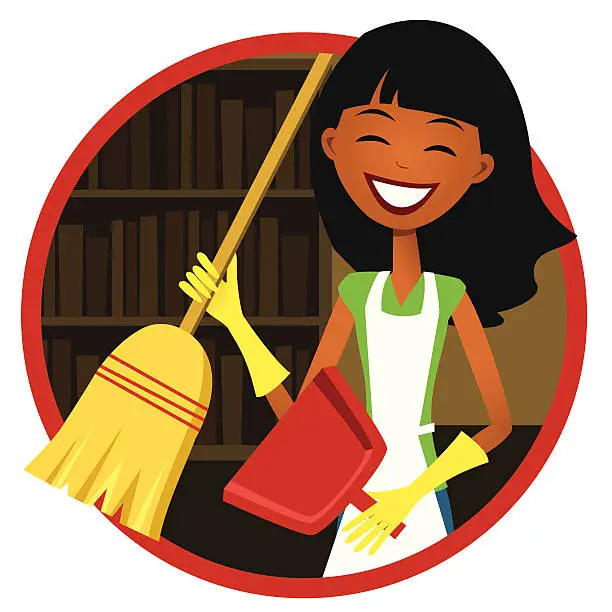 Vector illustration of Smiling Woman with Broom and Dust Pan