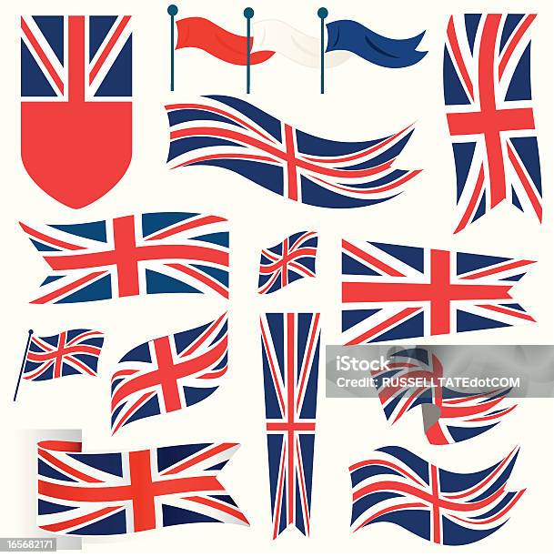 Ilustración de Agitando Banderas Británicas y más Vectores Libres de Derechos de Banderines - Banderines, Reino Unido, Azul
