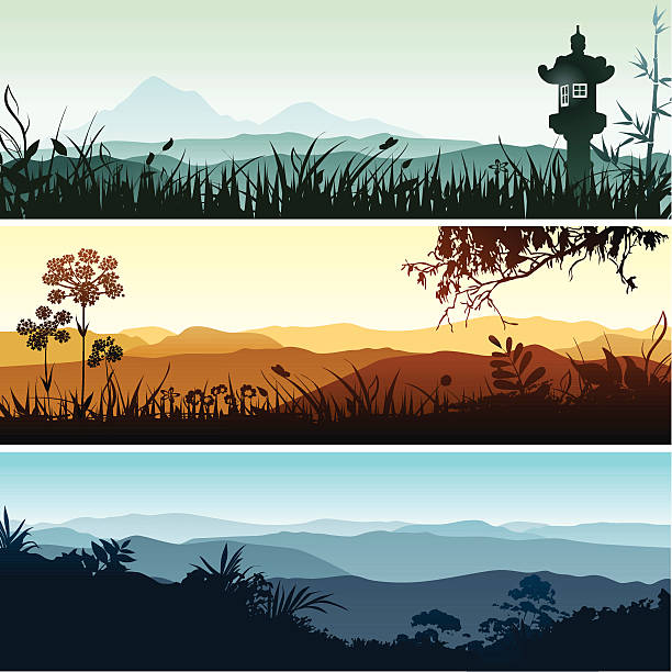 пейзаж баннеры - horizon over land tree sunset hill stock illustrations