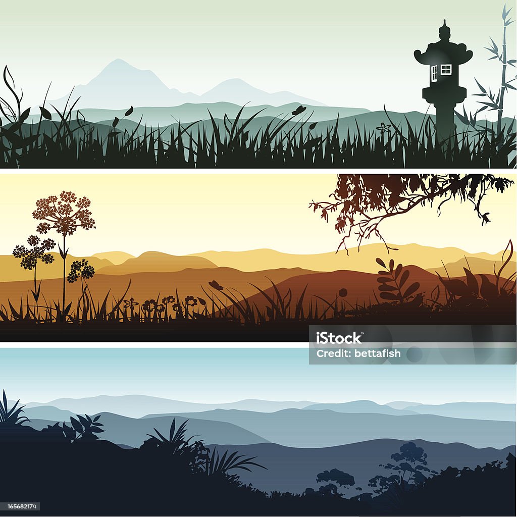 Landscape banners Beautiful spiritual landscapes with forest and grass silhouettes. Each banner placed on separate layer. Landscape - Scenery stock vector