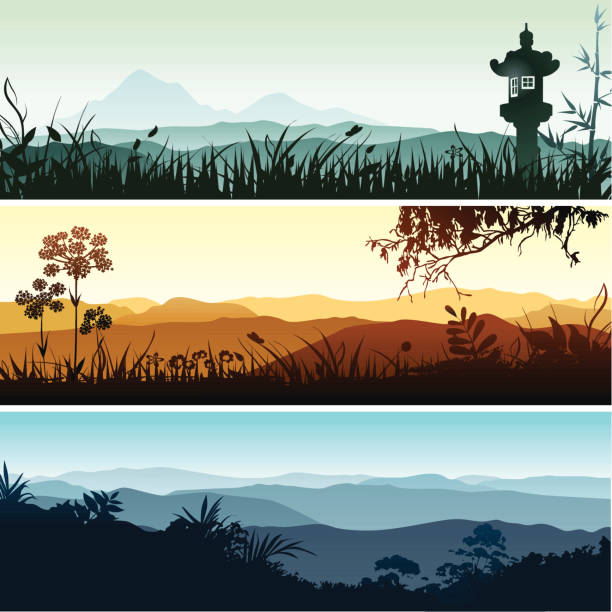 Landscape banners Beautiful spiritual landscapes with forest and grass silhouettes. Each banner placed on separate layer. japanese landscape stock illustrations