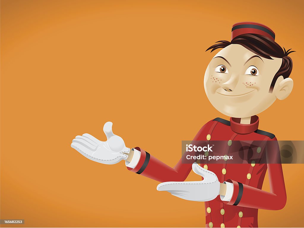 Funny bellboy haciendo gesto en espera - arte vectorial de Hotel libre de derechos