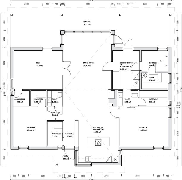 Architectural drawing of a house Architectural drawing of a house building floor plan stock illustrations