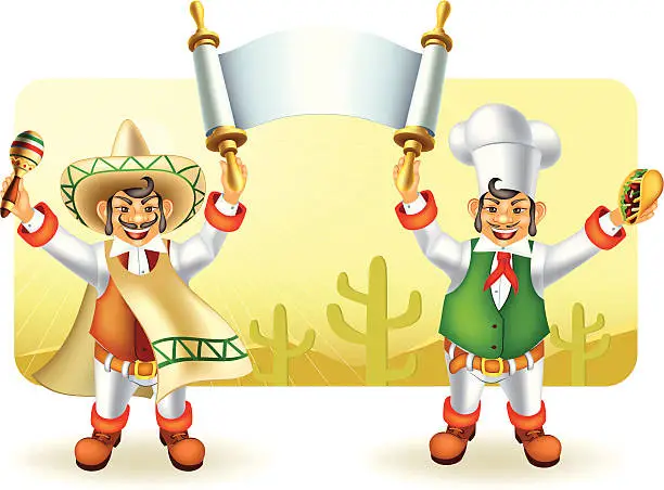 Vector illustration of Mariachi and mexican chef holding a banner
