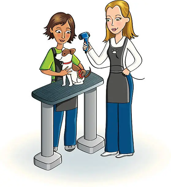 Vector illustration of Two women grooming a small dog