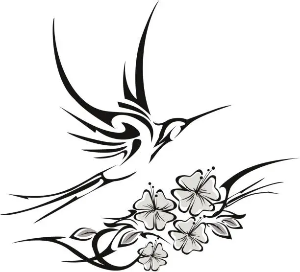 Vector illustration of tribal hummingbird and hibiscus tattoo