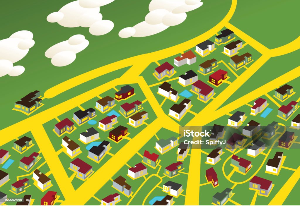 Above Neighborhood City Landscape Bird's eye view of a city with farmland adjacent. Cartoon stock vector