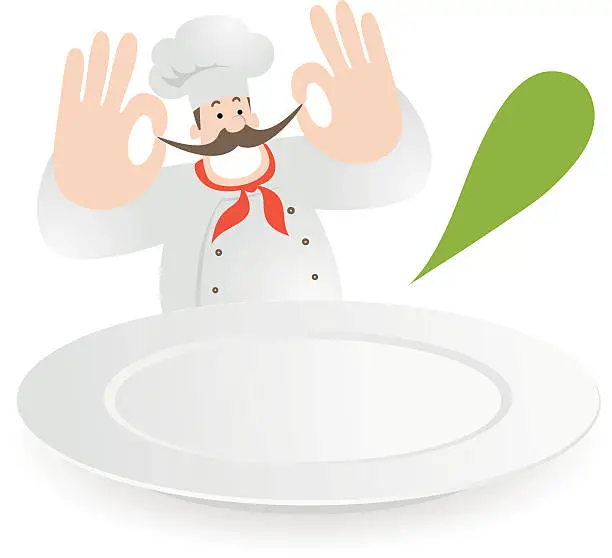 Vector illustration of Happy Chef Touching Mustache, A Blank Dinner Plate