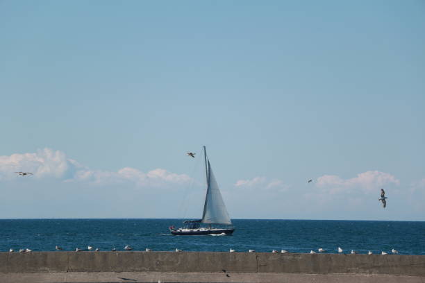 Sailboats Sail with the Wind at Sunset. The Colors of Sunlight on the Sea Beckon the Evening with Sailboats and Surfers.