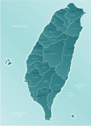 Detailed vector map of Taiwan with administrative divisions and main cities. 