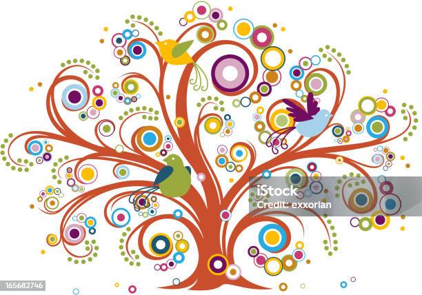 Whimsical Tree With Birds Stock Illustration - Download Image Now - Tree, Multi Colored, Curled Up